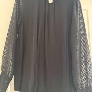 Talbots Black Blouse with Textured Sheer Sleeves
